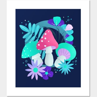 Turquoise and pink mushrooms and flowers Posters and Art